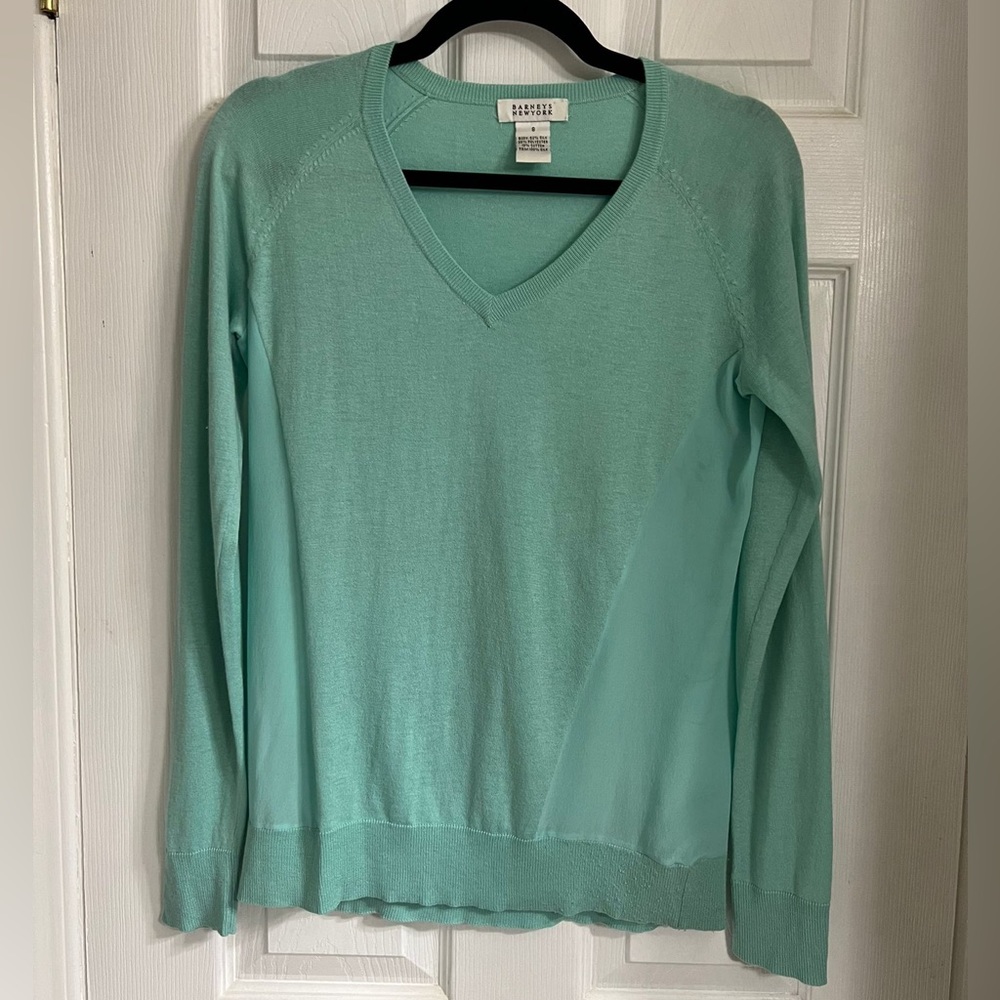 Barneys New York Mint Green Sweater with Silk Panels Sz S Small